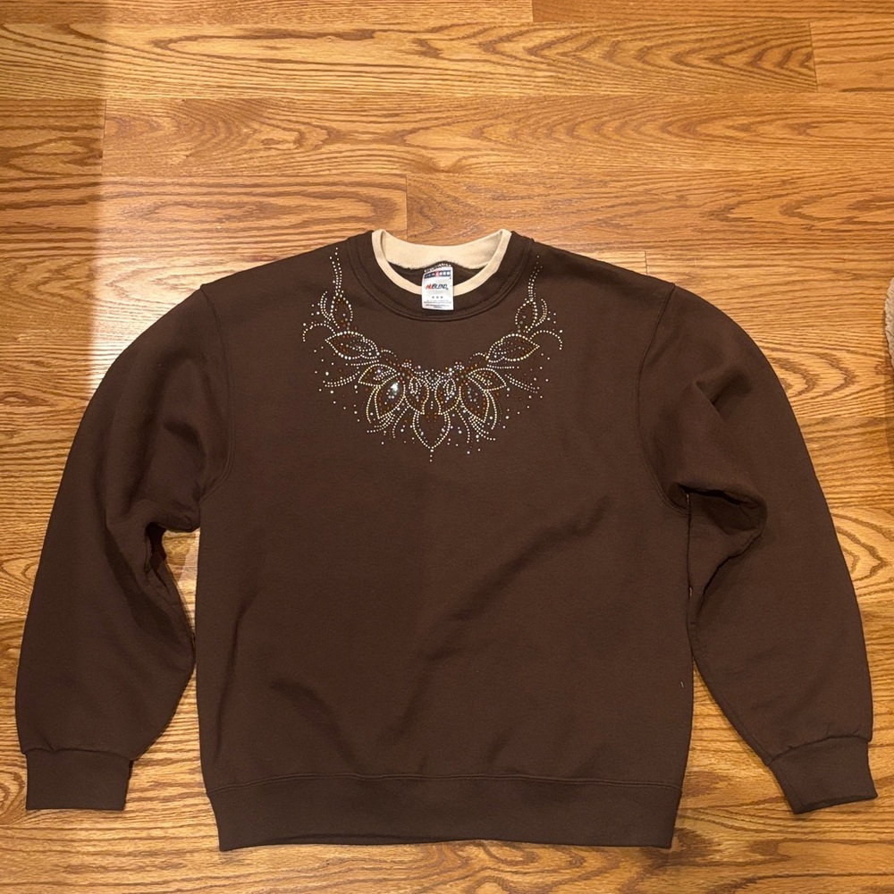 Jerzees Brown Crewneck Sweater with Embellished Design